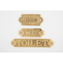 Skilt i massiv messing - vælg mellem "TOILET", "BAD" eller "WC"